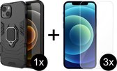 iPhone 13 hoesje Armor Case Zwart Kickstand Ring shock proof magneet - 3x iPhone 13 Screenprotector