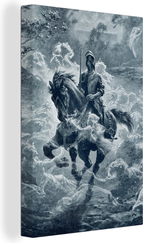 Canvas Schilderij Illustratie van een ridder op een paard in zwart-wit - 40x60 cm - Wanddecoratie