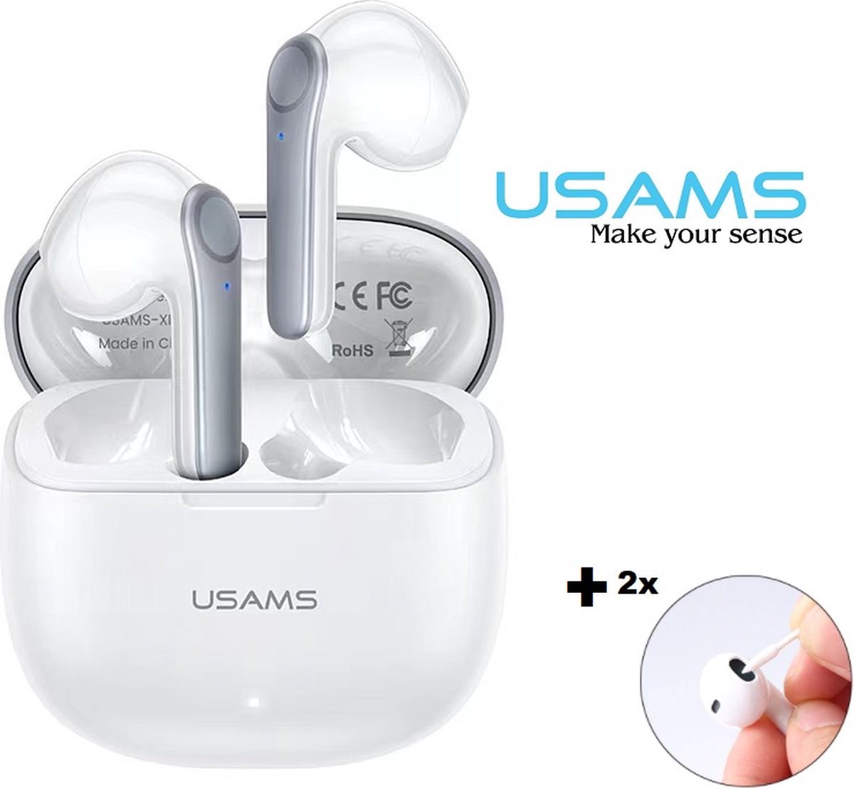 Usams XH09 Pro + 2x Wattenstaaf - 5.1 Bluetooth - NOISE CANCELLING - Earpods - Draadloze Oordopjes - Airbuds - Geschikt voor Apple en Android - WIT