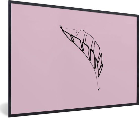 Photo en cadre - Feuille de dessin au trait botanique sur fond rose Cadre photo noir sans passe-partout 120x80 cm - Affiche sous cadre (Décoration murale salon / chambre)