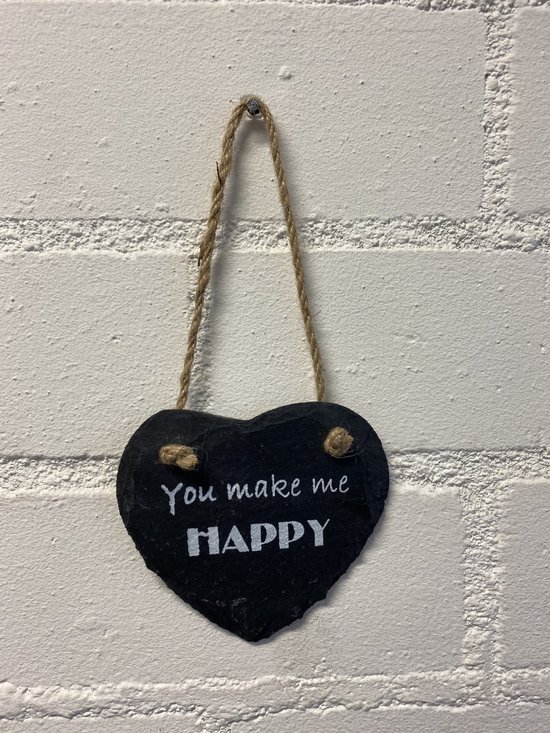 Deco leisteen met ophangkoordje - hart - You make me happy - 10x10 cm - Woonaccessoires