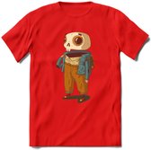 Casual skelet T-Shirt Grappig | Dieren halloween Kleding Kado Heren / Dames | Animal Skateboard Cadeau shirt - Rood - L