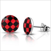 Aramat jewels ® - Ronde zweerknopjes geruit rood zwart staal 7mm