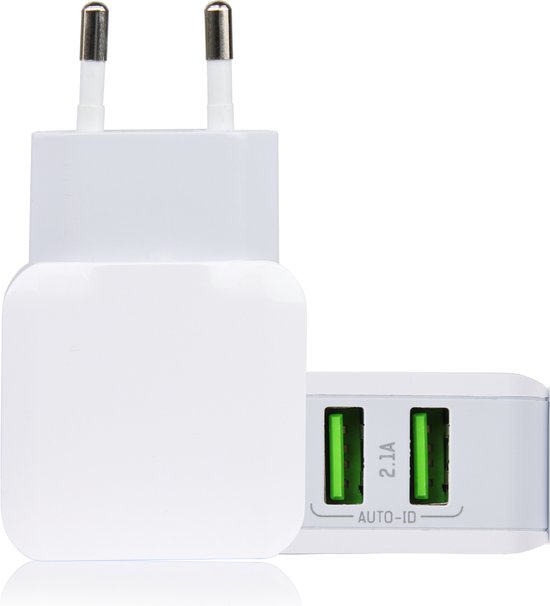 Gecertificeerde Dubbele USB Stekker Oplader met 2 Poorten - 2.1A - Geschikt voor GSM, Smartphone, Tablet, Camera, Speaker, Powerbank