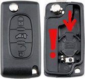Peugeot -klapsleutel behuizing - 3 knoppen - middelste knop schuifdeur bediening - VA2 sleutelbaard zonder zijgroef - CE0536 met batterijhouder in de achterdeksel