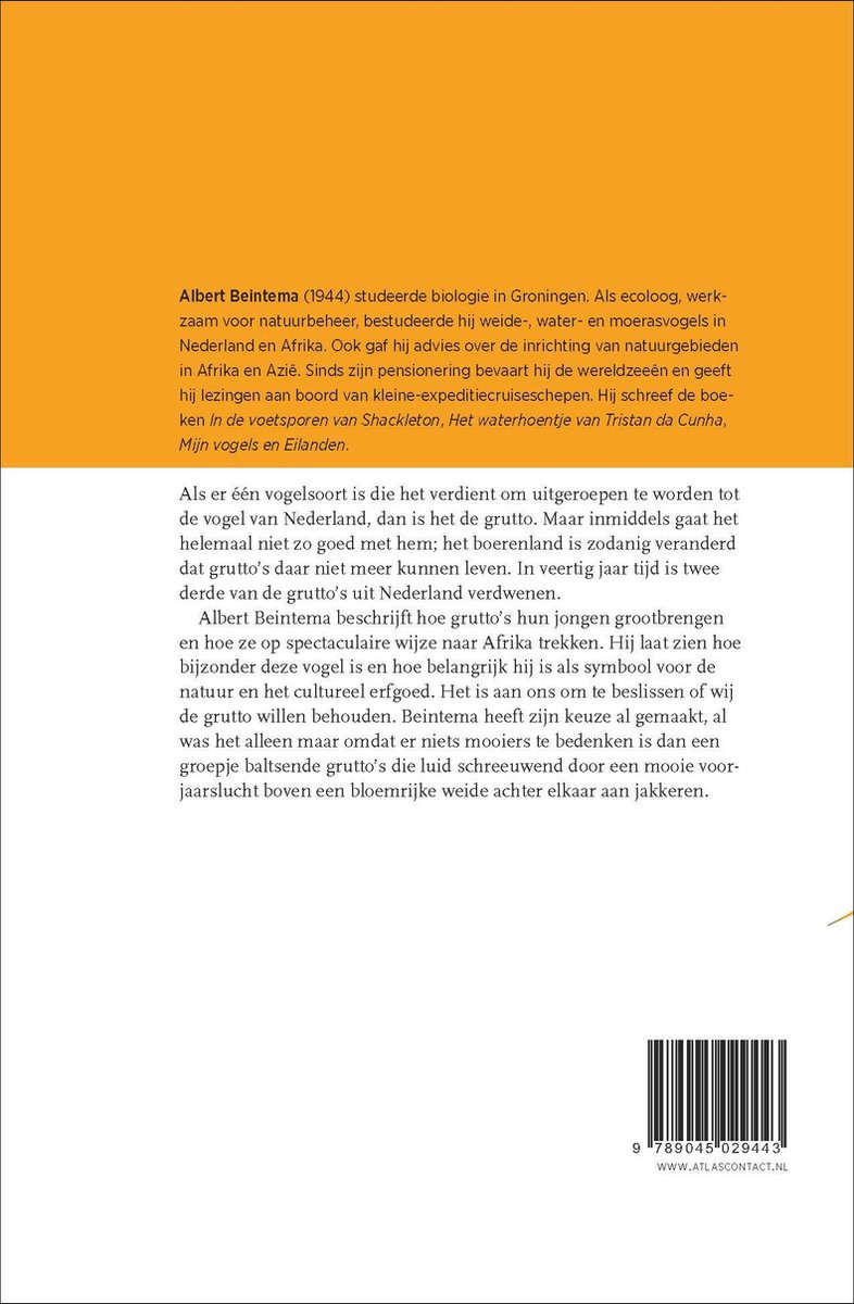 Achterzijde van een boek met tekst over de grutto en Albert Beintema.