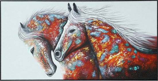 Fine Asianliving Olieverf Schilderij 100% Handgeschilderd 3D met Reliëf Effect en Zwarte Omlijsting 80x160cm Twee Paarden