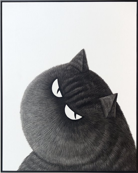Fine Asianliving Olieverf Schilderij 100% Handgeschilderd 3D met Reliëf Effect en Zwarte Omlijsting 100x80cm Zwarte Kat