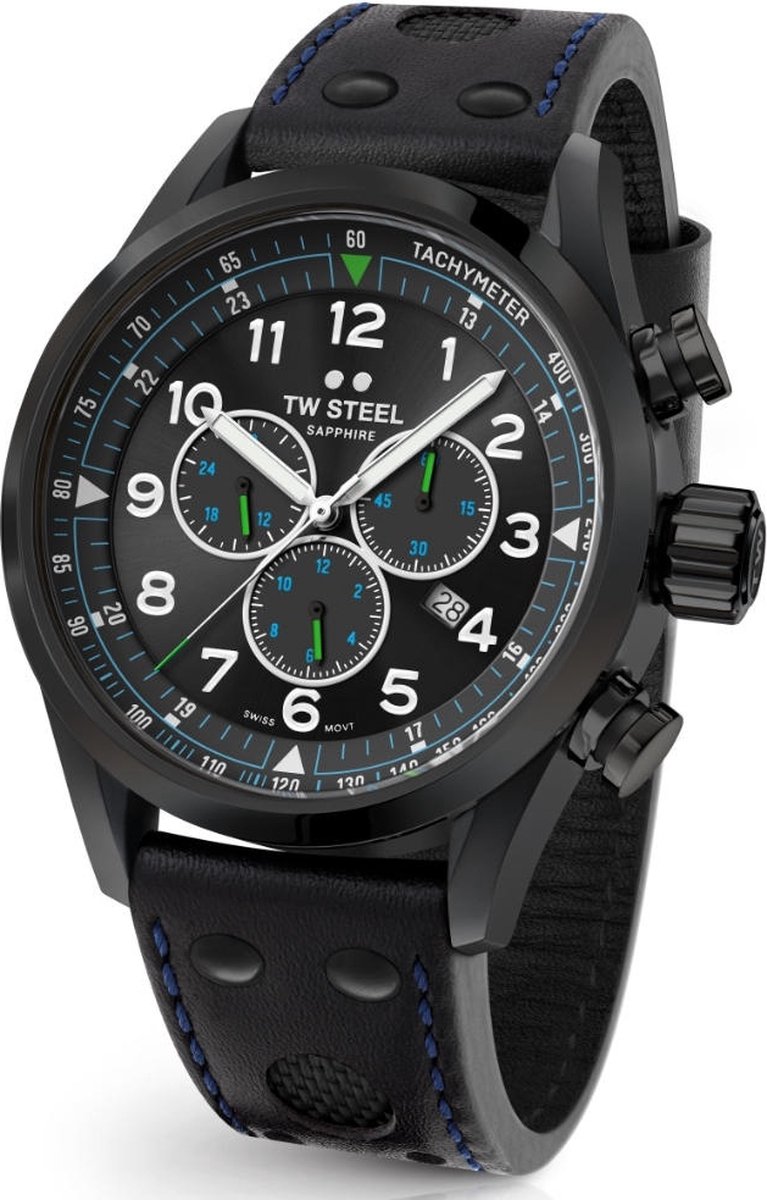 TW Steel SVS306 Horloge, FIA Special edition Petter Solberg, 48mm Volante Swiss Movement, Chrono, zwart met blauw sticksel Kalfs lederen band, sapphire glas.