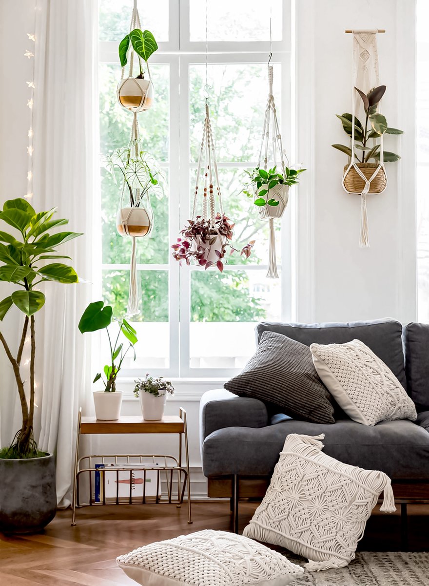 5-Delig Luxe Macramé Plantenhangers Set - Boho Handgeweven Katoen Hangpot voor Binnen/Buiten - Hangende Bloempot met Kralen - Plant Houder - Bohemian Wandhanger Decoratie - Tuin Hanger Bloempothouder Planthanger — afbeelding 6