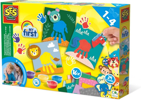 SES - My First - Vingerverf handafdruk dieren - 4 kleuren - met 16 vingerverf kaarten en stickers - hypoallergeen - makkelijk uitwasbaar