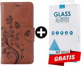 Bookcase Hoesje Vlinders Met Pasjeshouder iPhone 7 Plus Bruin - Gratis Screen Protector - Telefoonhoesje - Smartphonehoesje