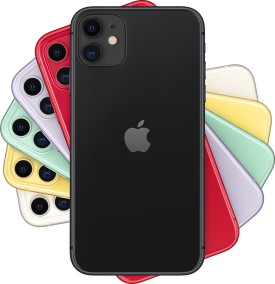 Zwarte iPhone 11 achterkant met dubbele camera, omringd door iPhones in rood, paars, mintgroen, geel en wit.