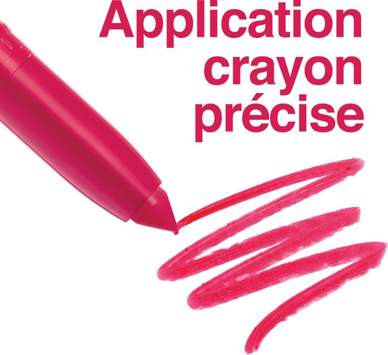 Roze Maybelline Super Stay Ink Crayon die een rode lijn tekent. Tekst: 'Application crayon précise'.