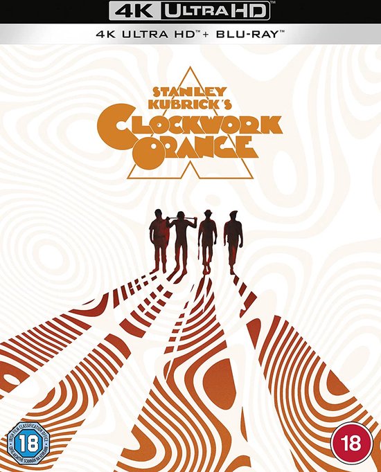 Voorkant van de 4K UHD en Blu-ray disc-box van A Clockwork Orange. Met vier silhouetten, oranje en witte golvende lijnen en de titel.