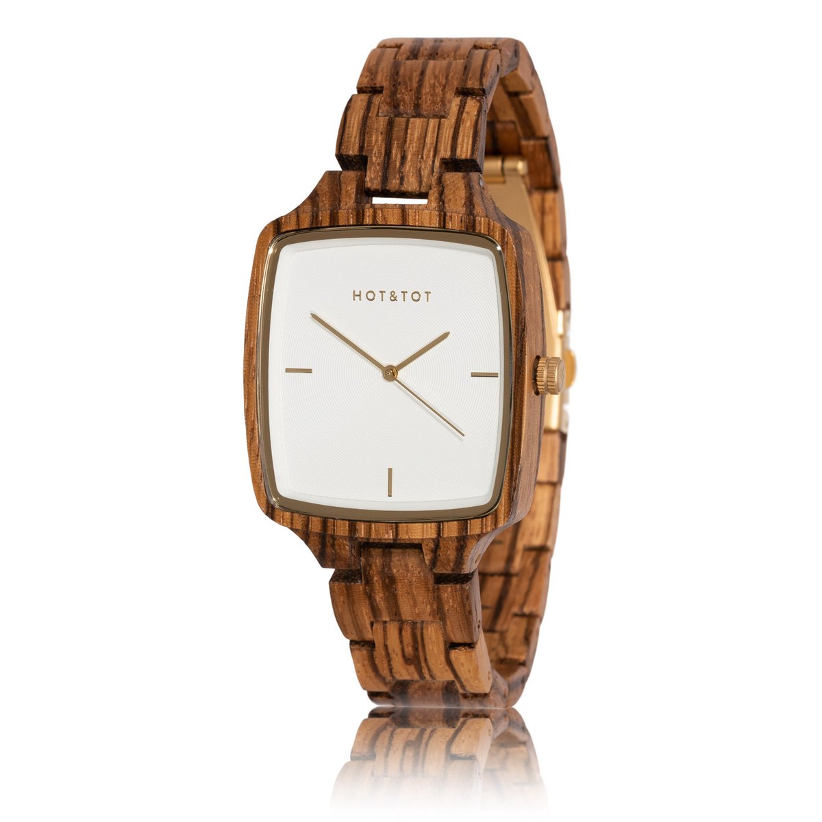 HOTTOT | Donar - Houten horloge voor heren - Vierkant - Zebrano hout - 40mm - Goud - Wit