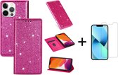 Apple iPhone 13 Mini Glitter Bookcase | Hoogwaardig PU Leren Telefoonhoesje | Pasjeshouder | Roze + 1x Screenprotector