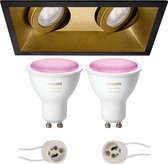 Proma Zano Pro - Inbouw Rechthoek Dubbel - Mat Zwart/Goud - Kantelbaar - 185x93mm - Philips Hue - LED Spot Set GU10 - White and Color Ambiance - Bluetooth