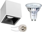 Opbouwspot Set - Luxino Cliron Pro - GU10 Fitting - Opbouw Vierkant - Mat Wit/Zwart - Verdiept - 90mm - Philips - SceneSwitch 827 36D - 1.5W-5W - Warm Wit 2200K-2700K - Dimbaar