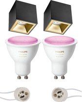 Primux Cliron Pro - Opbouw Vierkant - Mat Zwart/Goud - Verdiept - 90mm - Philips Hue - Opbouwspot Set GU10 - White and Color Ambiance - Bluetooth