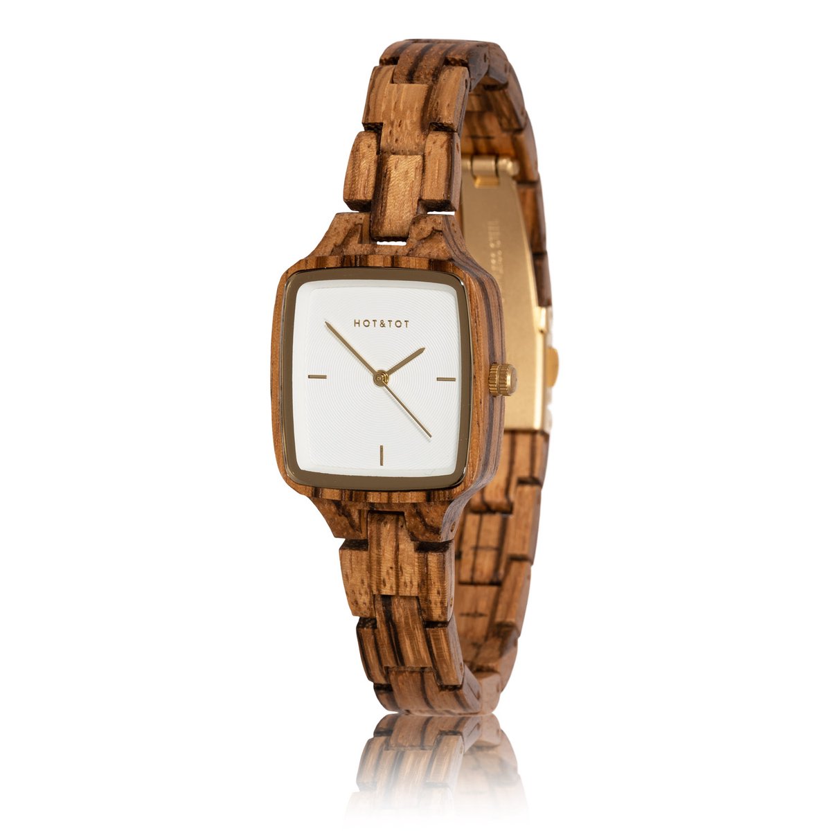 HOTTOT | Donar Petite - Houten horloge voor dames - Vierkant - Zebrano hout - 28mm - Goud - Wit