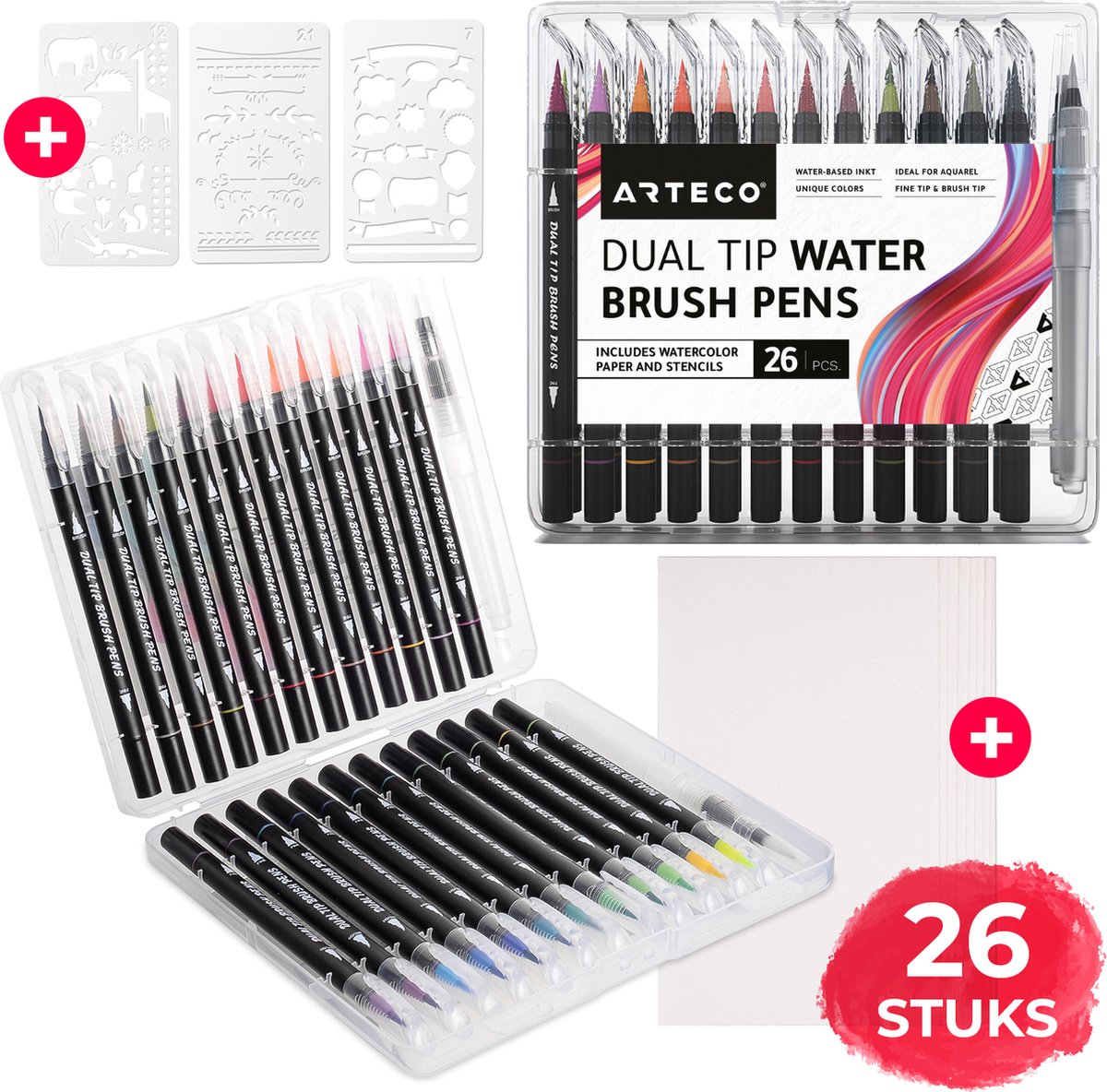 ARTECO® 24 Penseelstiften + 2 Water Brush Pennen Set - Inclusief Aquarel Papier en Sjablonen - Brushlettering – Penseelpen - Cadeau