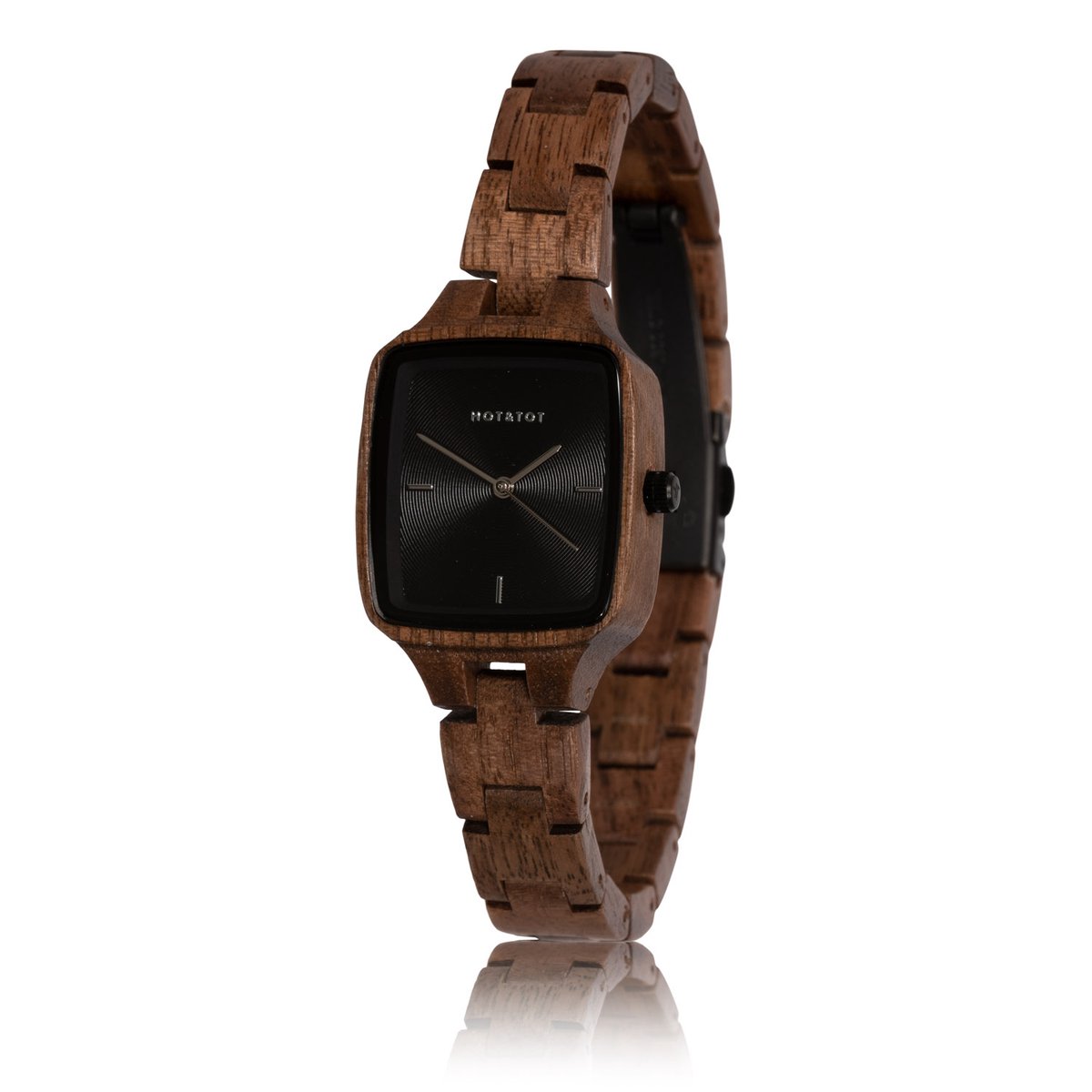 HOTTOT | Wodan Petite - Houten horloge voor dames - Vierkant - Walnoot hout - 28mm - Bruin - Zilver - Zwart