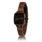HOT&TOT | Wodan Petite - Houten horloge voor dames - Vierkant - Walnoot hout - 28mm - Bruin - Zilver - Zwart