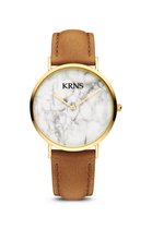 KRNS 1023 - Horloge - Analoog - Dames - Vrouwen - Leren band - Gemarmerde wijzerplaat - Bruin - Goudkleurig - Wit