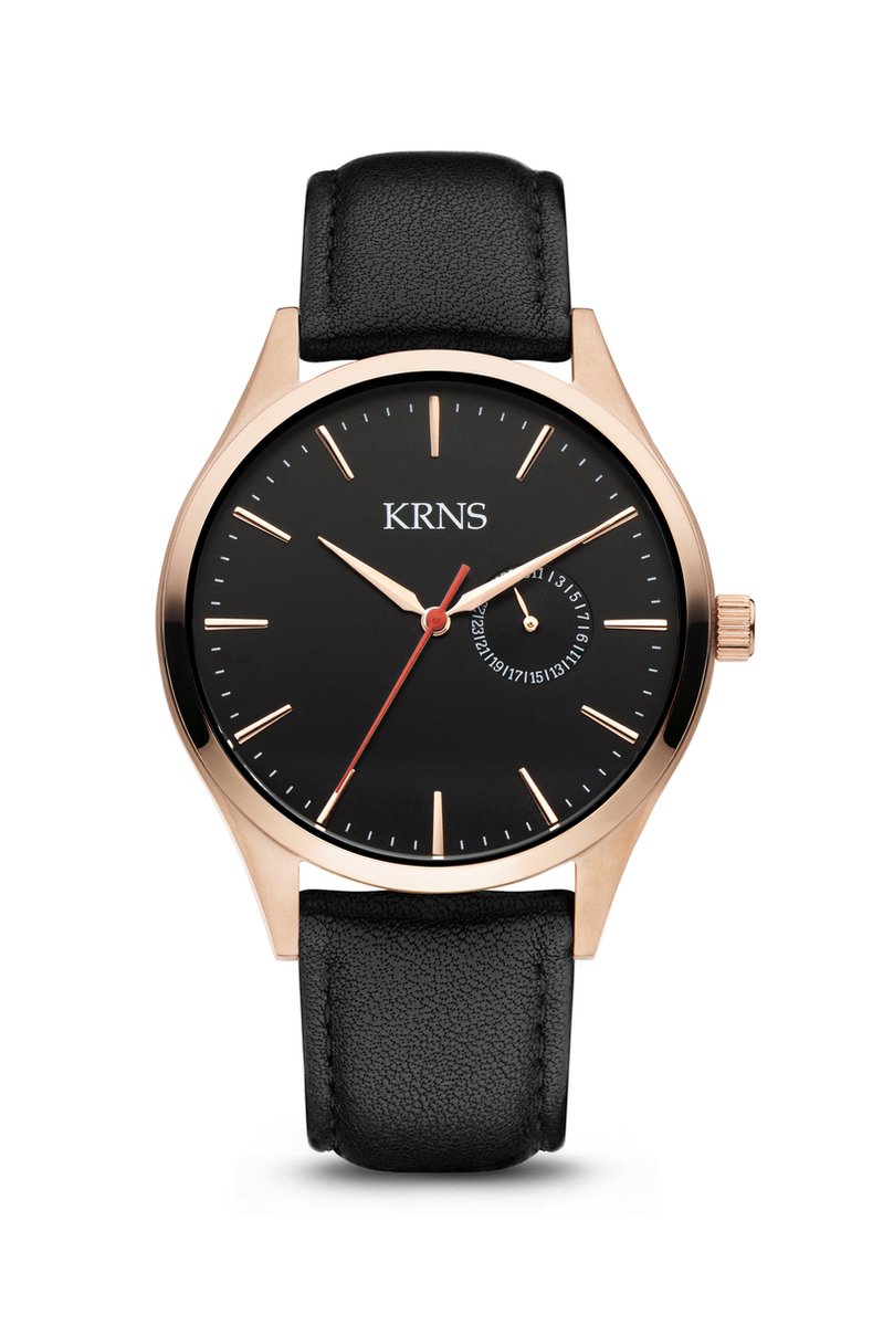 KRNS 1016 - Horloge - Analoog - Heren - Mannen - Leren band - Zwart - Rosékleurig