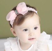 Haarband met strikje en kanten band - grijs en roze - haaraccessoire baby meisje - 0 tot 4 jaar