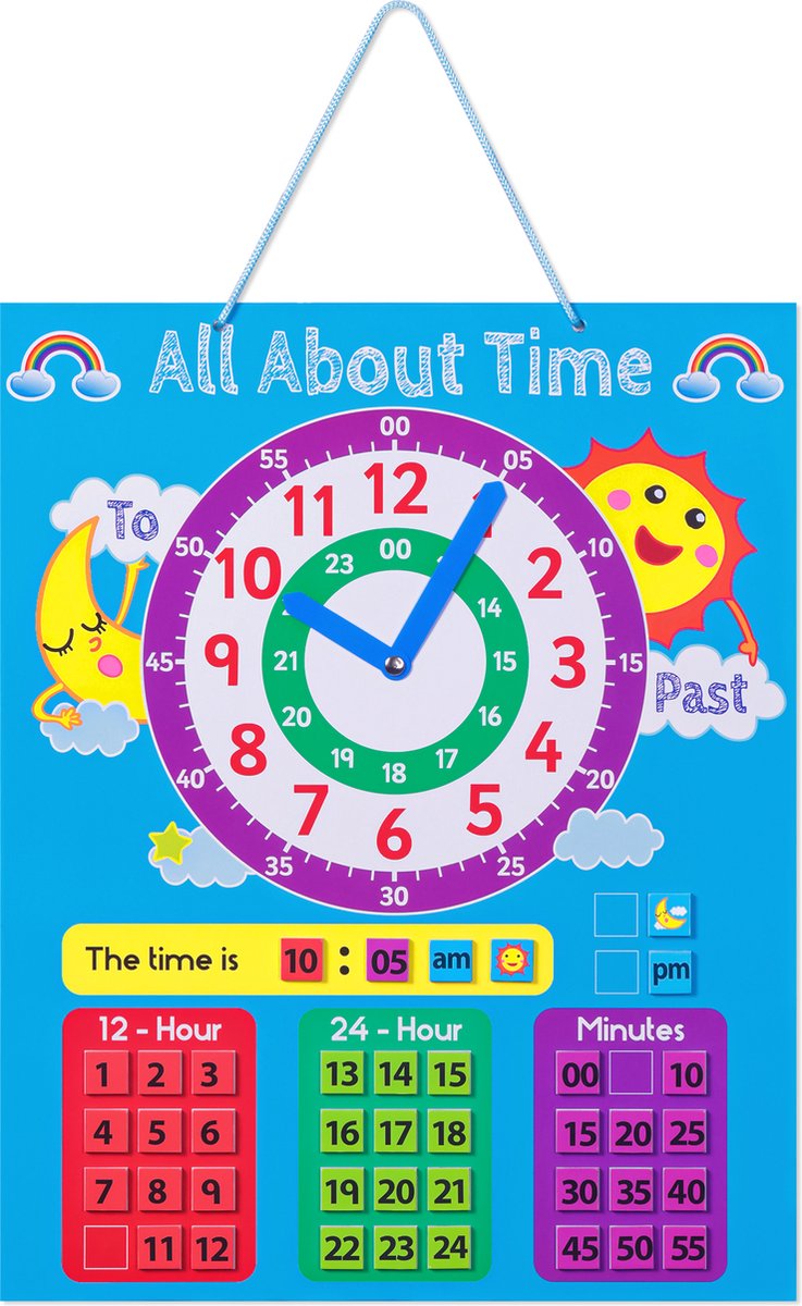 Navaris magnetische leerklok voor kinderen - Leren kloklezen - 24 en 12 uurs educatief bord voor de kleintjes - Kinder muurbord Engels
