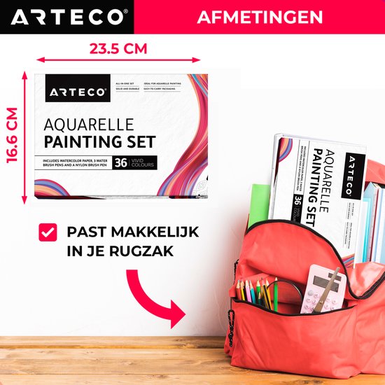 ARTECO® 36 Kleuren Aquarelverf Set – Inclusief 3 Water Brush Pennen en Aquarelpapier - Waterverf - Cadeau