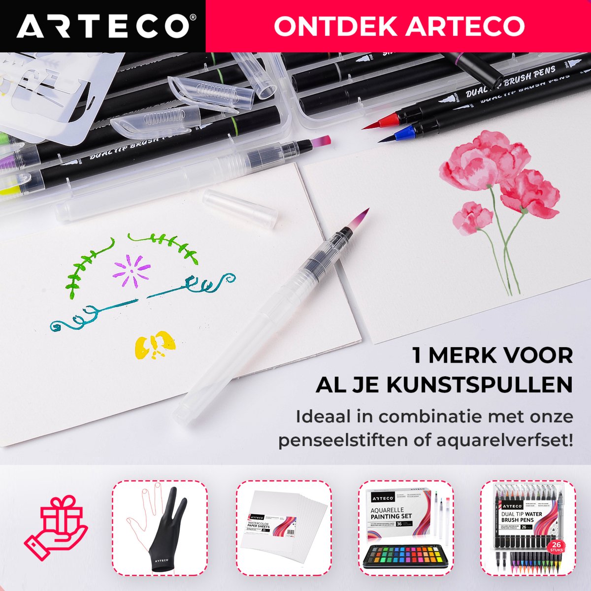 ARTECO® Set 3 Stuks Waterbrush Pennen (2 Punt + 1 Plat) - Navulbaar Penseel – Brushlettering & Kalligrafie — afbeelding 11