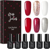 Miss Jules - 6-Delige Gellak Starterspakket - Nagellak - Kleur Rood, Wit & Glitter - HEMA & TPO Free - Glanzend & Dekkend resultaat