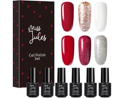 Miss Jules - 6-Delige Gellak Starterspakket - Nagellak - Kleur Rood, Wit & Glitter - HEMA & TPO Free - Glanzend & Dekkend resultaat