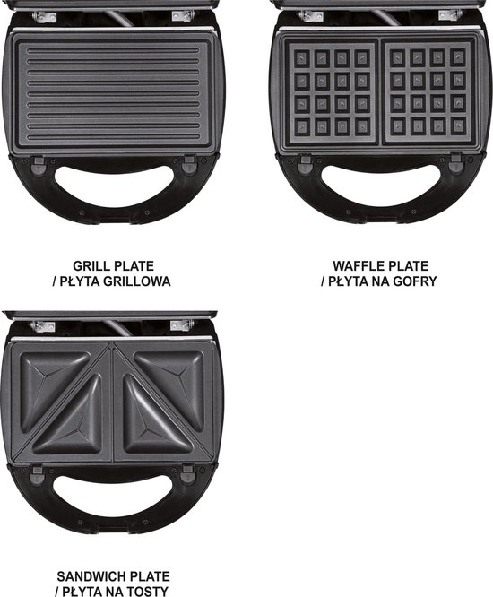 LUND professional 3 in 1 contactgrill wafelijzer en tosti ijzer - Tosti apparaat - Grillplaten - Wafelplaten - Klassiek model - 760W - Zwart / zilver — afbeelding 4