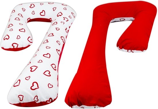 Voedingskussen - Zijslaapkussen - 235 cm - 100% katoen - rood en wit met rode hartjes