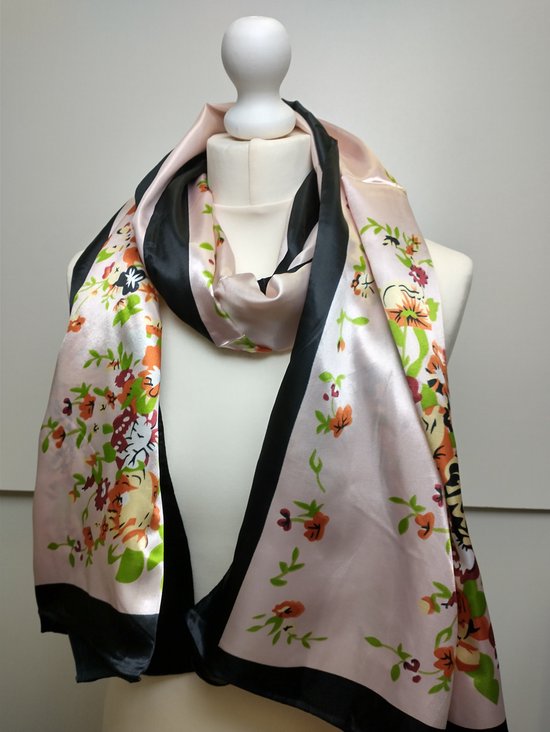 Lange dames sjaal Indira gebloemd motief zwart roze groen rood geel oranje  wit | bol.com