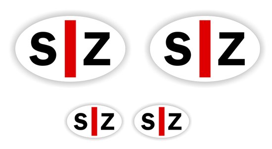 Vier ovale witte stickers met de tekst SZ in zwart, gescheiden door een rode verticale streep. Twee grote en twee kleine.