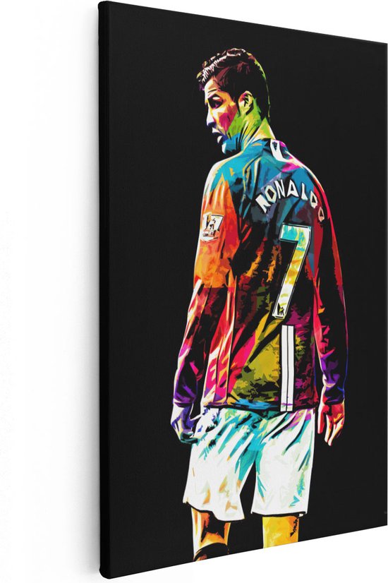 Pop art schilderij van Cristiano Ronaldo in felgekleurde outfit met nummer 7 op de rug.