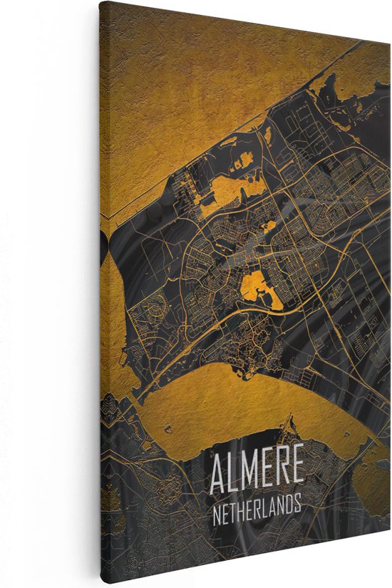 Artaza Canvas Schilderij Stadskaart Almere in het Goud en Zwart - 40x60 cm - Wanddecoratie Slaapkamer - Poster Schilderijen - Muurdecoratie