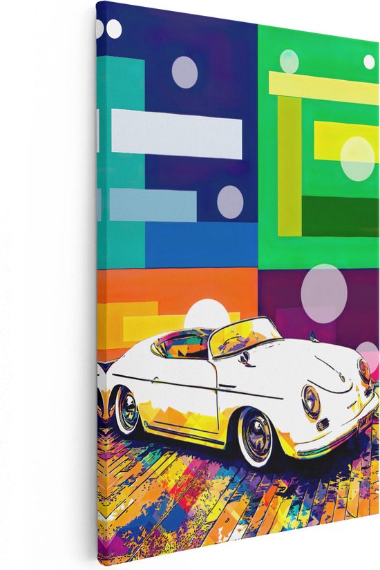 Artaza Canvas Schilderij Witte Retro Auto met Abstracte Figuren - 20x30 - Klein - Foto Op Canvas - Canvas Print