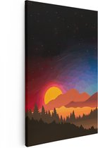 Artaza Canvas Schilderij Getekende Zonsondergang achter de Bergen van het Bos - 20x30 - Klein - Foto Op Canvas - Canvas Print