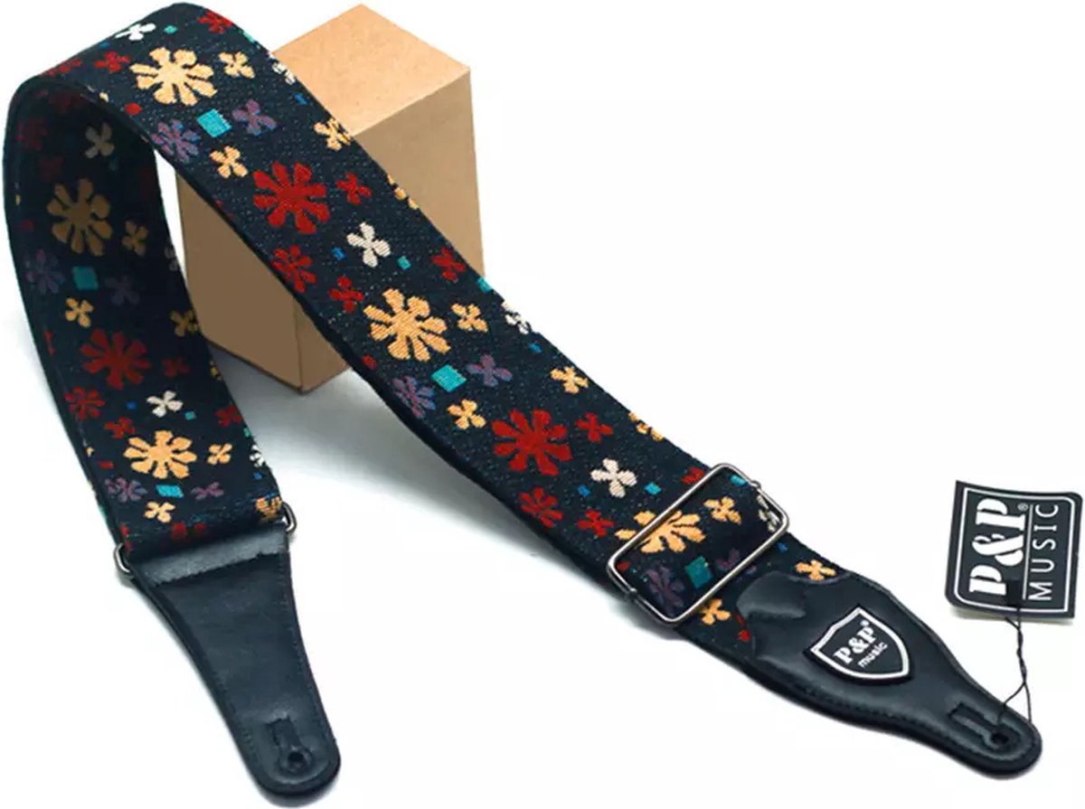 Fleur du Mal Gitaarband Zwart Bloemen - Verstelbare Gitaarriem 95-160 cm + 3 Plectrums Leder Uiteinden voor Elektrisch Bas Akoestisch