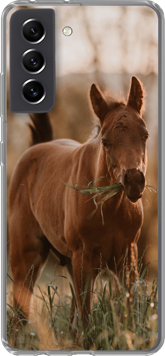 Telefoonhoesje Geschikt voor Samsung Galaxy S21 FE hoesje - Paard - Zon - Gras - Siliconen Telefoonhoesje Telefoonhoesje