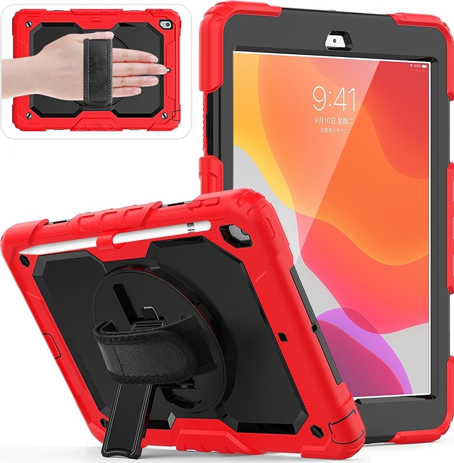 Mobigear SureGrip Xtreme Tablethoes geschikt voor Apple iPad 9 (2021) Hardcase Backcover + Stylus Houder + Schouderband + Standaard - Zwart / Rood
