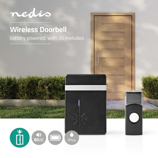 Nedis Draadloze Deurbelset - Batterij Gevoed - 3 V DC - 1x CR2032 - Volume: 80 dB - Signaalbereik: 300 m - IP44 - 36 Melodiën - 1 Ontvanger - Zwart — afbeelding 5