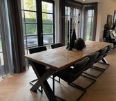 Boomstam Eettafel X poot (metaal 6x6 cm) gemonteerd geleverd 230x90x78