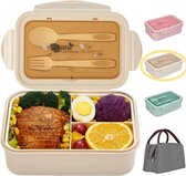 Beige Bento Lunchbox-3 Laags Broodtrommel-2 Compartimenten -met een draagbare tas- Duurzaam Kunststof - BPA vrij - 3 vaks Lunchtrommel voor Volwassenen & kind - Inclusief Bestek - Magnetron, 
